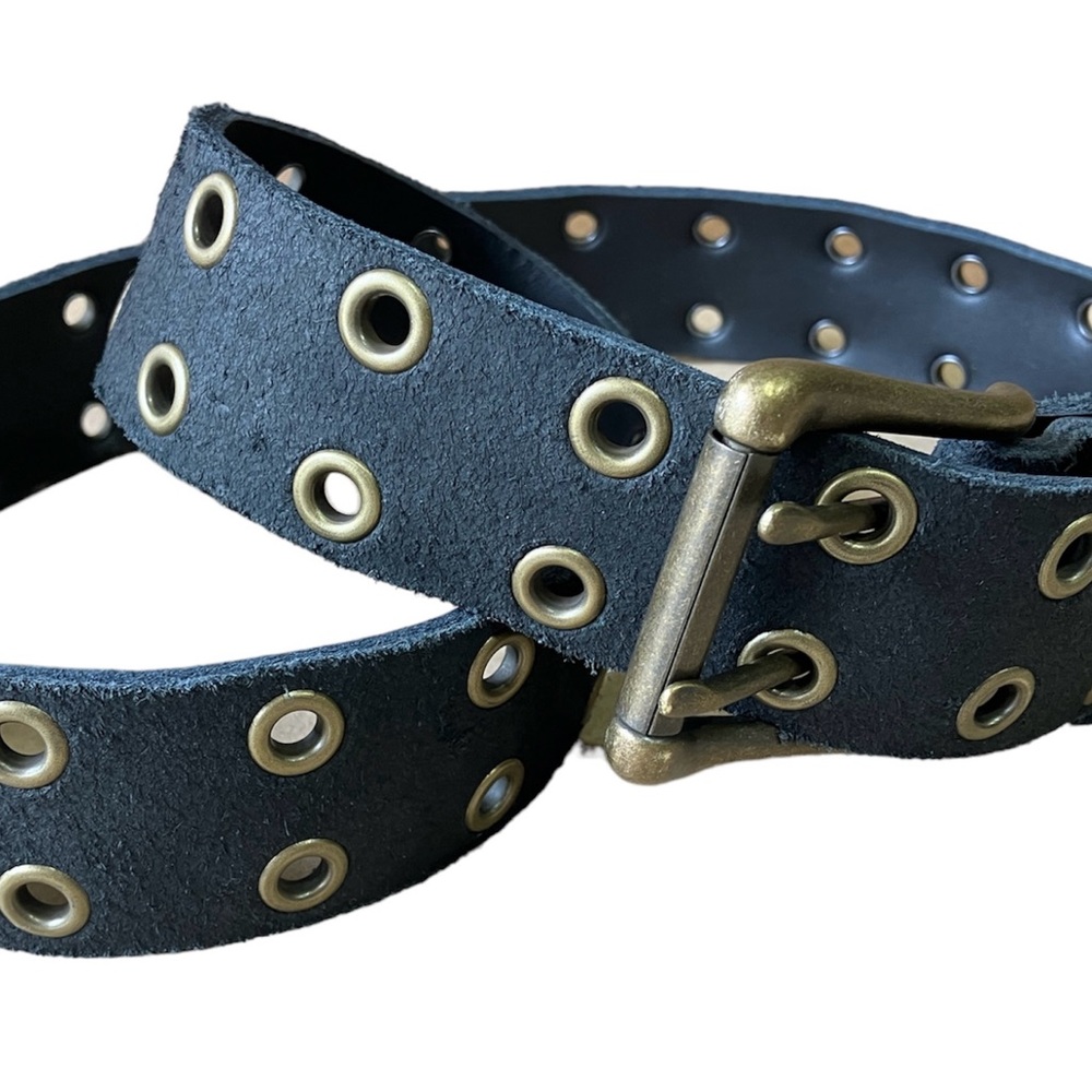 Suede Reversible Black Solid Leather Hole Grommet/ Eyelets Belt Brass Hardware